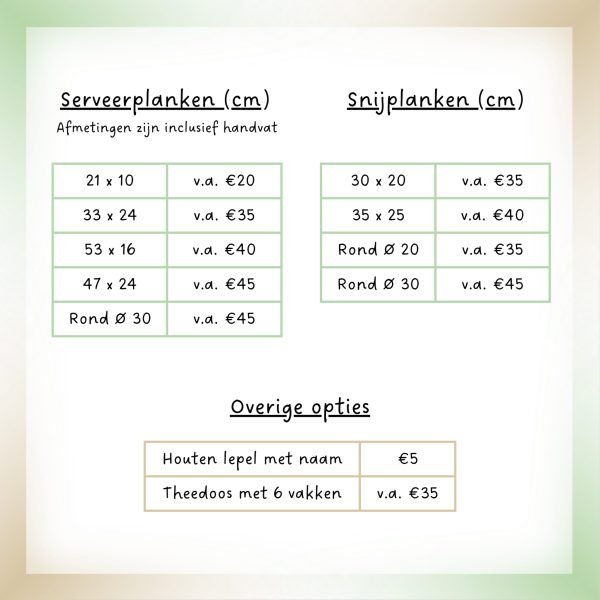Prijslijst serveer- en snijplanken 2026